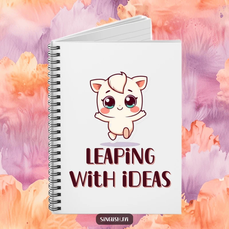 Funny notebook adorned with a small, big-eyed character performing a playful hop, perfect for jotting down ideas with infectious cheerfulness.