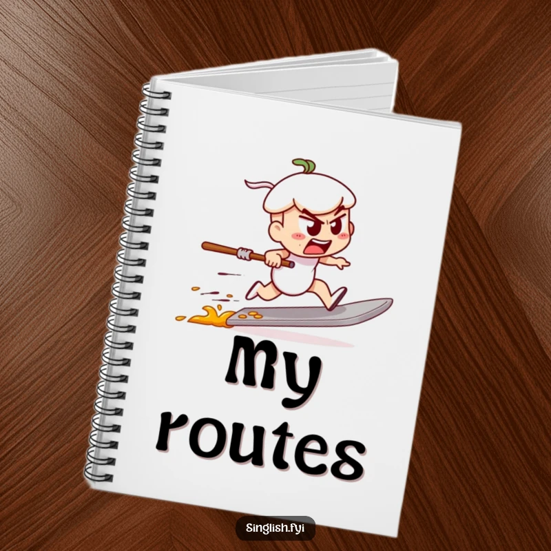 Funny notebook with a determined char kway teow character speed racing on a spatula, perfect for jotting down fast thoughts.