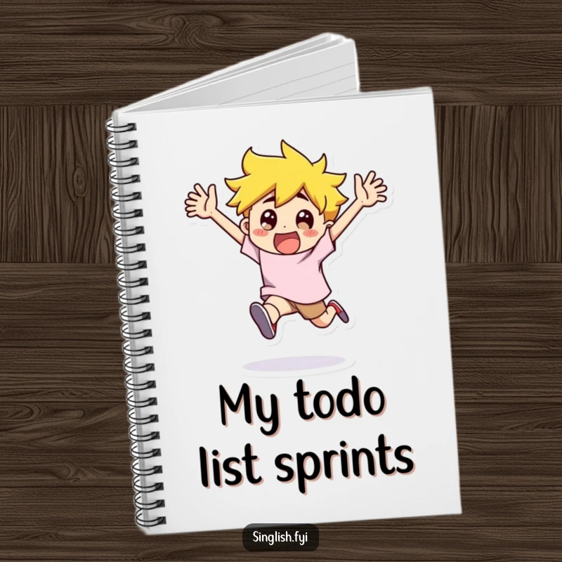 Funny Notebook: A character runs with arms flailing in exaggerated excitement, perfect for brainstorming with comical, high energy.