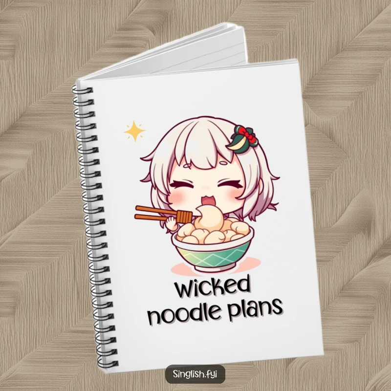 Funny notebook with a cover art of a character giving a sly wink while showcasing a delicious plate of mee goreng, perfect for lists.