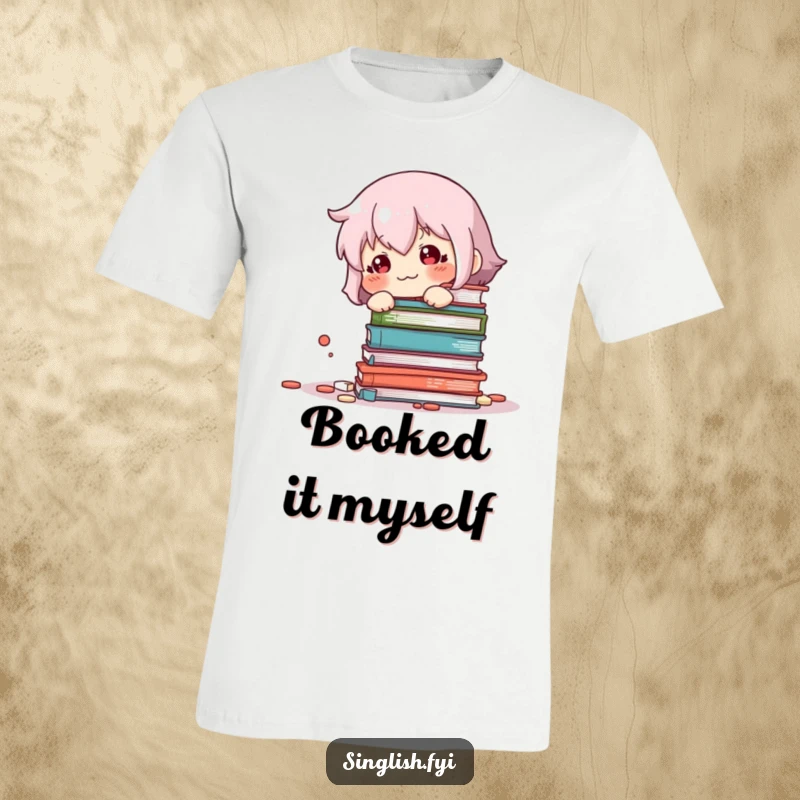 Funny Book Knockover T-Shirt: Adorable character looking sheepish after accidentally knocking over a tall stack of books, humorous and relatable.