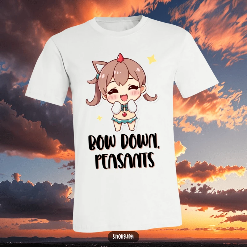 Funny t-shirt depicting a character bowing triumphantly with a big grin, perfect for celebrating successes humorously.