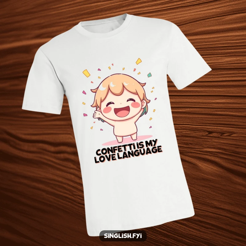Funny t-shirt featuring a joyful character with a big smile, enthusiastically throwing confetti. A cheerful and humorous apparel choice.