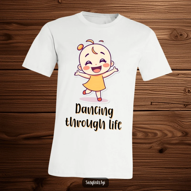 Funny dancer t-shirt featuring a character smiling and doing a clumsy, happy dance, perfect for party wear.