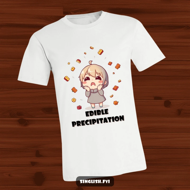 Funny food rain t-shirt featuring a surprised character under a shower of tiny food, perfect for casual wear.