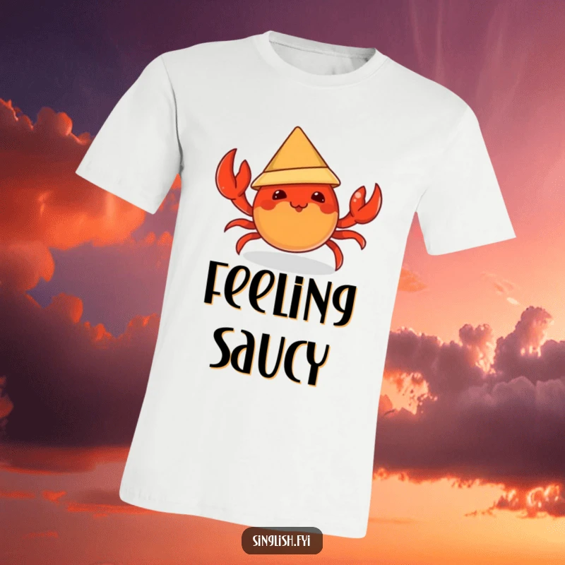 Funny t-shirt with a mischievous chili crab character trying on a tiny conical hat, embodying playful and spicy seafood fun.