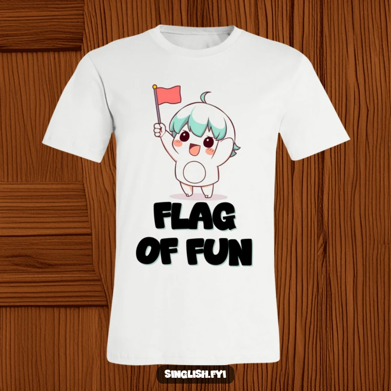 Funny Waving Flag T-Shirt: A playful character excitedly waving a small flag, symbolizing victory, support, and boundless enthusiasm.