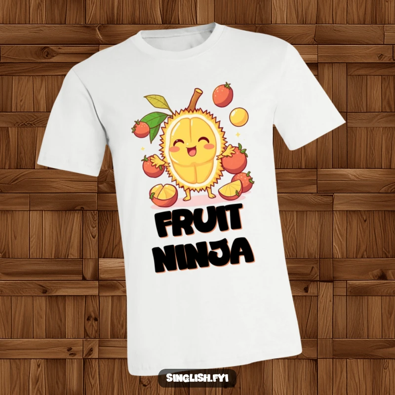 Funny Durian T-Shirt: A cheerful fruit character juggles mangosteens, radiating funny, tropical vibes, excellent funny gift.