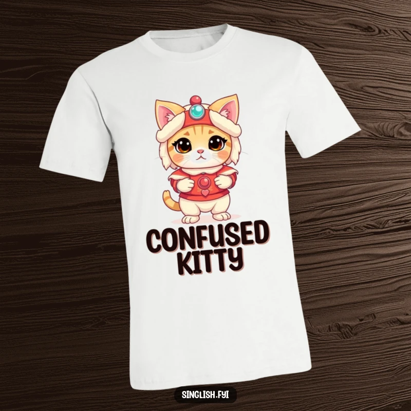 Funny Cat T-Shirt: A confused cat in a lion costume wears a bewildered expression, radiating funny pet personality, excellent funny gift.