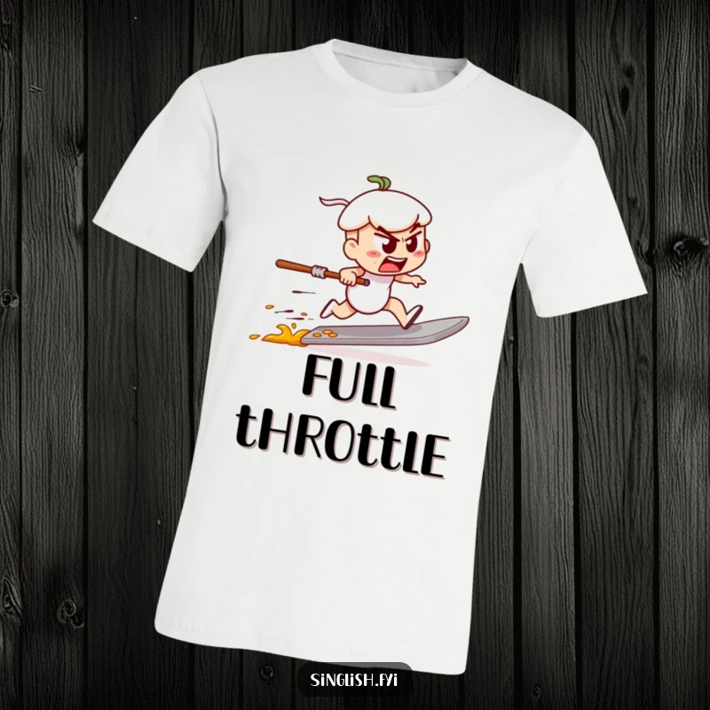 Funny t-shirt depicting a determined char kway teow character in a high-speed race on a spatula, showcasing culinary energy.