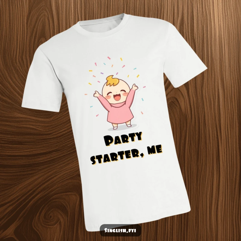 Funny Confetti Thrower T-Shirt showing a character gleefully throwing confetti, a humorous and festive design.