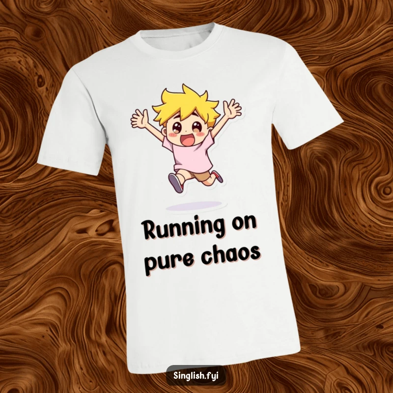 Funny T-Shirt: A character runs with arms flailing in exaggerated excitement, showcasing boundless, comical energy and happiness.