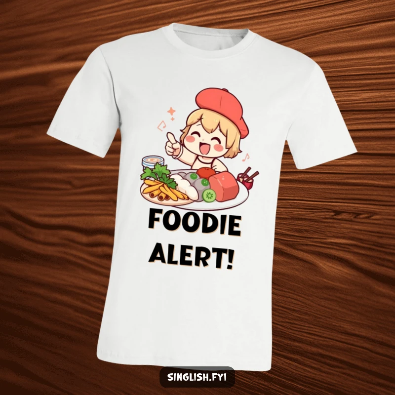 Funny foodie character t-shirt pointing at delicious local food, perfect for food festival or casual wear.