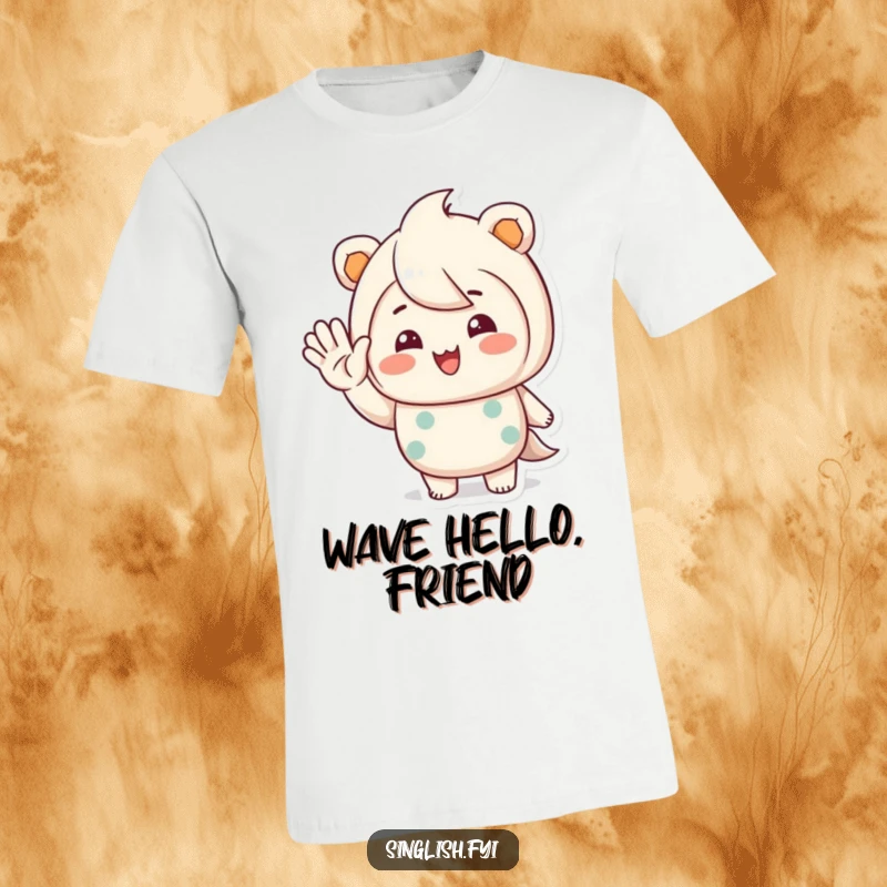 Funny t-shirt depicting a character waving hello with a warm, inviting smile, ideal for cheerful casual wear.