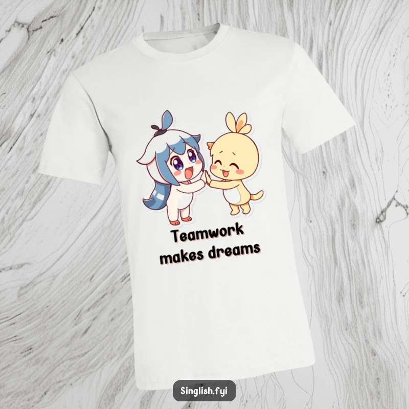 Funny T-Shirt features two delighted characters with wide eyes joyfully high-fiving, ideal for celebrating friendship and teamwork.