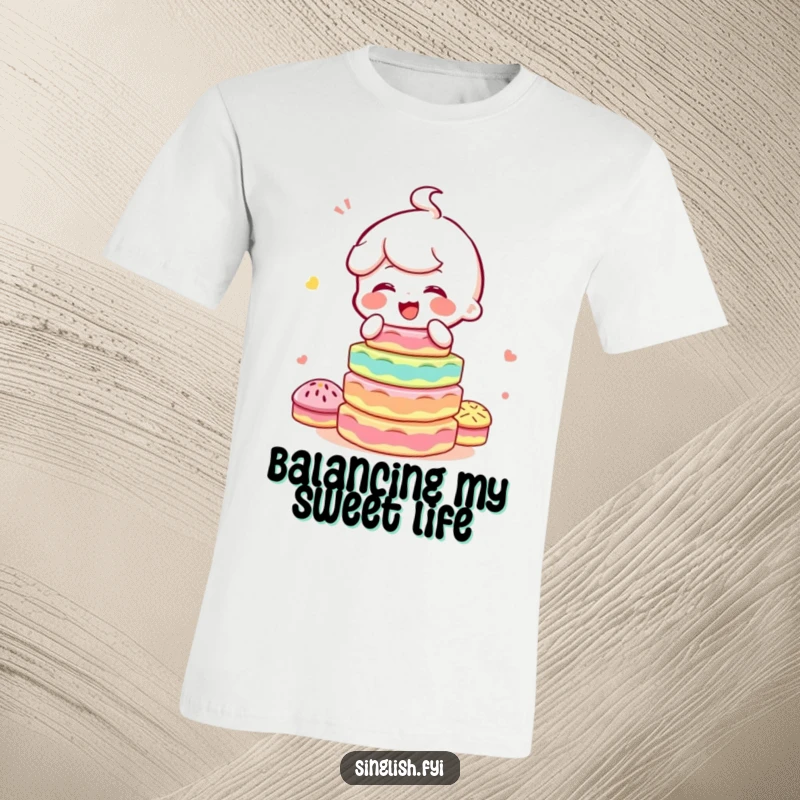 Funny t-shirt depicting a character giggling uncontrollably while expertly balancing a towering, vibrant stack of assorted kuih, embodying delight.