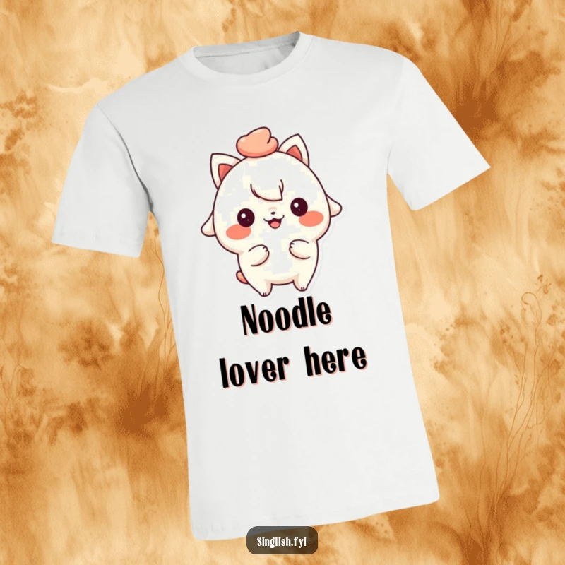 Funny t-shirt with a playful character sporting a cheeky smile, holding a bowl of mee pok noodles with pride.