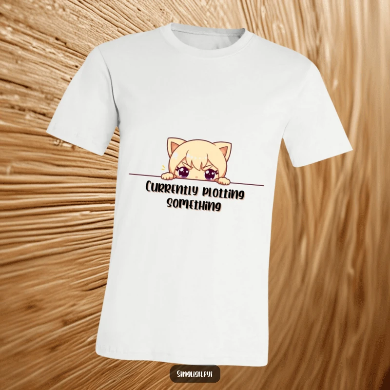 Funny t-shirt with a character slyly peeking over a barrier, displaying a funny, mischievous expression and playful eyes.