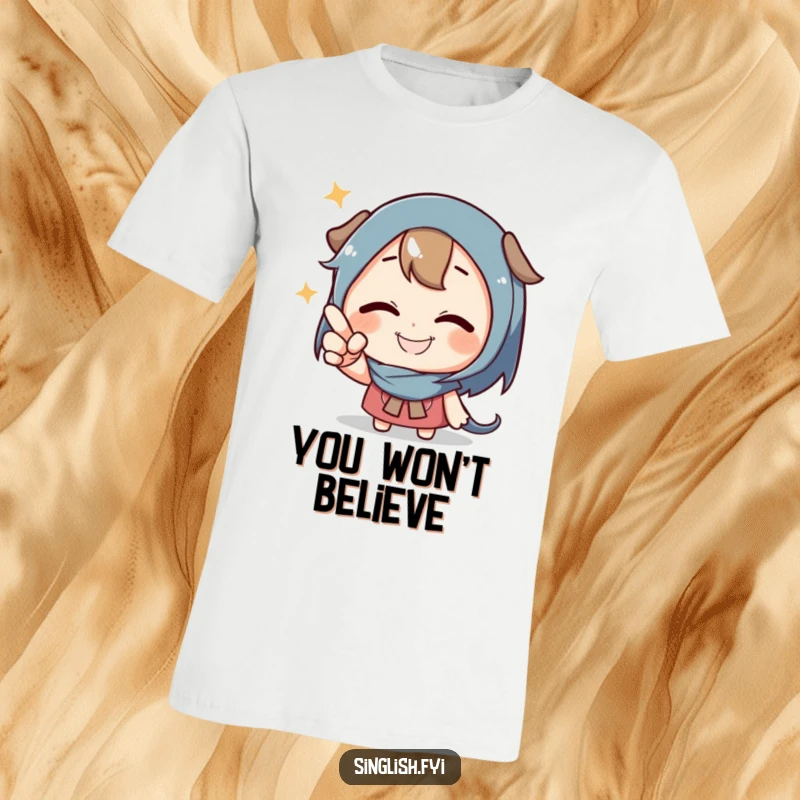 Funny Playful Pointing T-Shirt showing a grinning character pointing at an unseen object, perfect for humorous and engaging style.