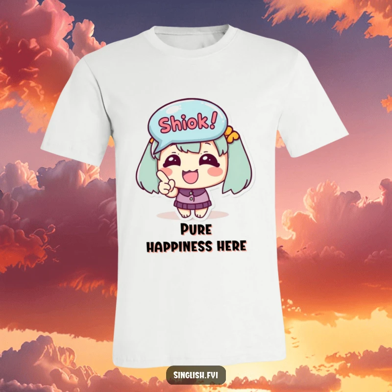 Funny T-Shirt features a cute happy character excitedly pointing at a 'Shiok!' bubble, ideal for expressing pure joy.