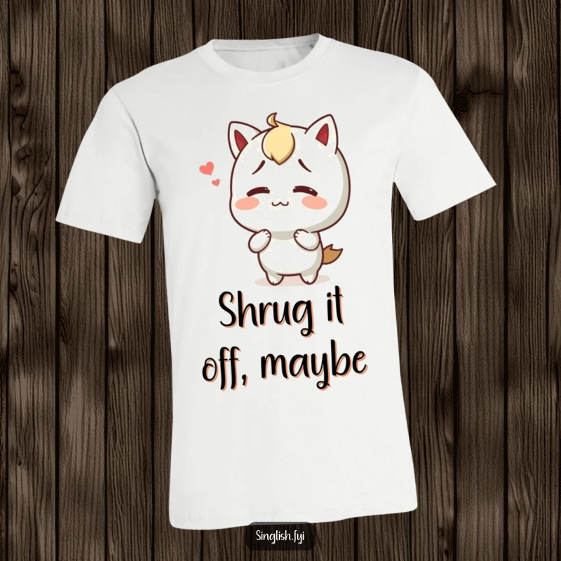 Funny t-shirt with a character shrugging with a happy and confused face, perfect for casual wear and relatable humor.