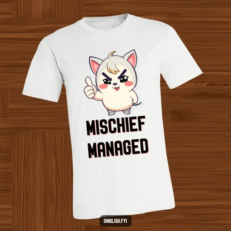 Funny t-shirt features a playful character winking with a mischievous grin and giving a thumbs up, radiating fun.