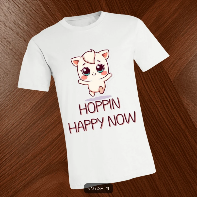 Funny t-shirt with a small, wide-eyed character performing a cheerful, energetic hop, embodying pure excitement and playfulness.