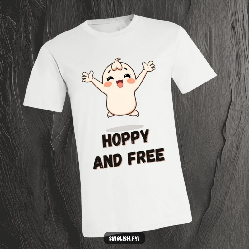 Funny t-shirt depicting a character doing a happy hop with arms thrown wide, perfect for expressing pure excitement.