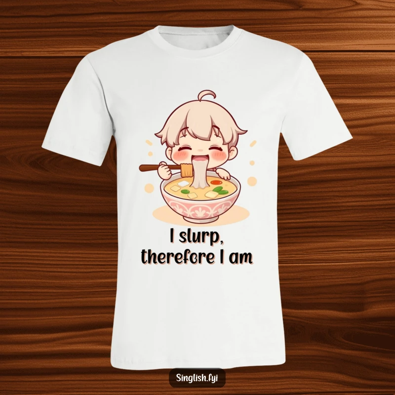 Funny t-shirt with a cheerful character happily slurping a large bowl of lontong soup, noodles visible, expressing pure delight and satisfaction.