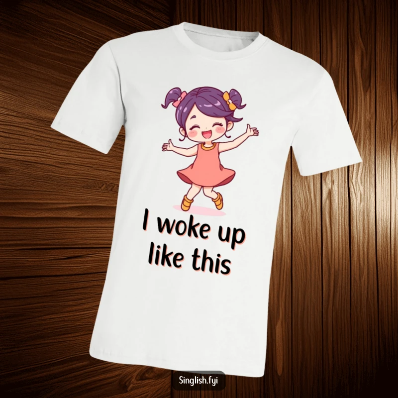 Funny character t-shirt dancing energetically with a wide, carefree smile, showcasing pure joy and uninhibited movement.
