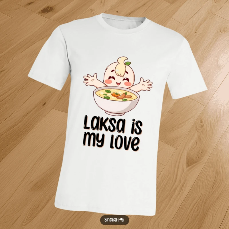 Funny t-shirt with a happy character giving a big hug to a bowl of steaming laksa, showing pure noodle bliss.