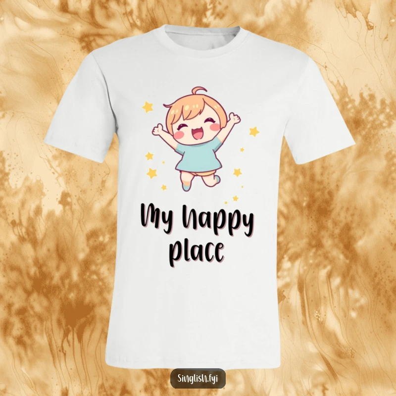 Funny Star Jump T-Shirt: Adorable character mid-air jump, radiating joy amidst a shower of small, sparkling stars, conveying pure elation.