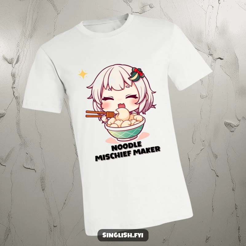 Funny t-shirt depicting a character giving a charming wink while presenting a tempting dish of mee goreng, noodles glistening, full of personality.