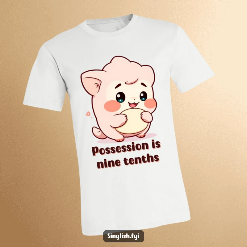Funny t-shirt featuring a cute character with a cheeky grin, playfully holding a lah, embodying playful mischief and joy.