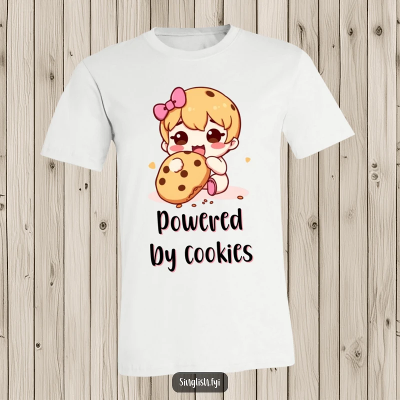 Funny Cookie Muncher T-Shirt: Adorable character happily munching on a cookie, with visible crumbs falling, expressing pure snack delight.