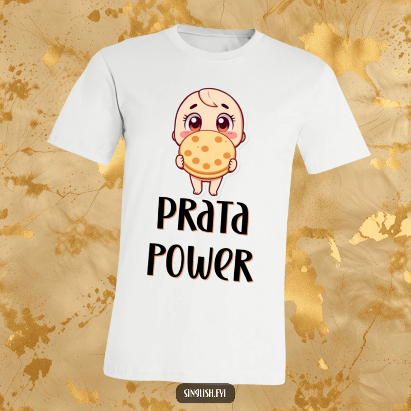 Funny Roti Prata T-Shirt: A humorous graphic tee featuring a character with wide eyes, holding a roti prata in amazement.