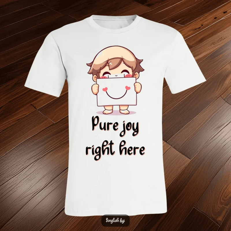 Funny t-shirt featuring a character with a massive grin holding a smiley face sign, embodying contagious joy and positive vibes.
