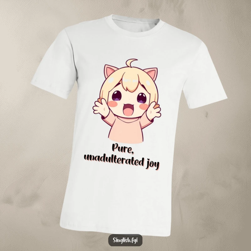 Funny T-Shirt: A character with hands thrown up in delighted surprise, showcasing immense joy. Ideal funny gift.