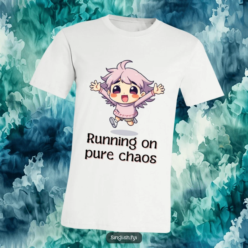 Funny character t-shirt running with arms flailing in a comical display of extreme, over-the-top excitement and motion.