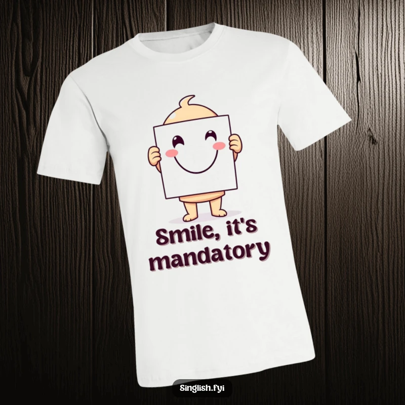 Funny character t-shirt proudly holding a large, beaming smiley face sign, symbolizing pure joy and a humorous outlook.