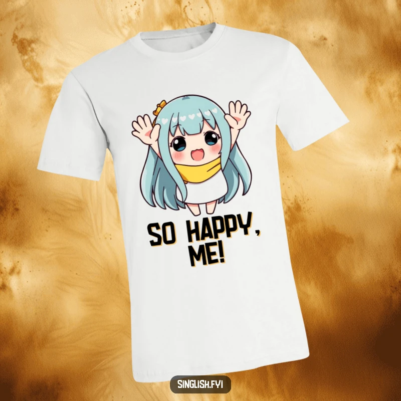 Funny t-shirt featuring a character waving both hands energetically, perfect for expressing unbridled joy and enthusiastic celebration.