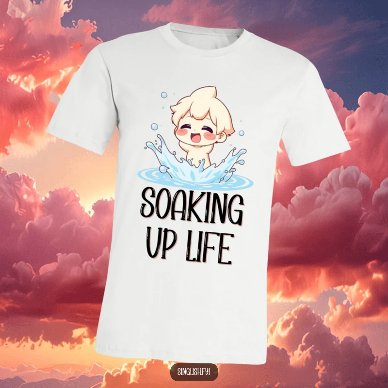 Funny T-Shirt: Character joyfully splashing water with exaggerated glee, capturing a moment of pure, uninhibited fun.