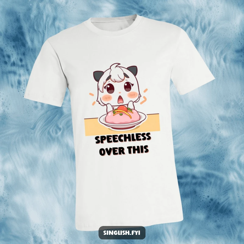 Funny t-shirt showcasing a surprised character with wide, raised eyebrows, gasping at a delicious meal. Expresses food appreciation humorously.