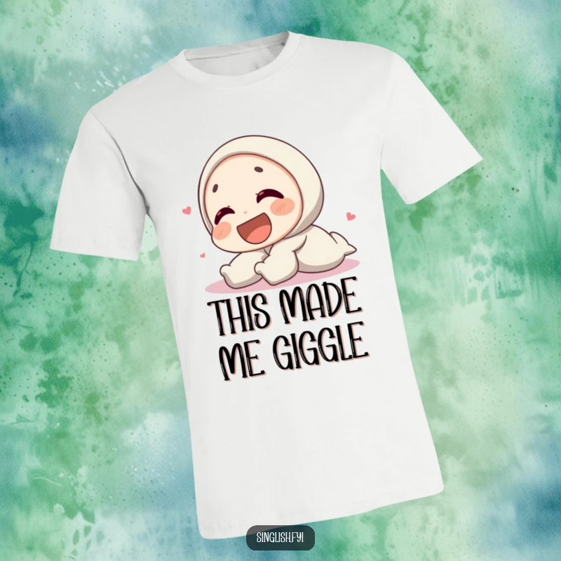 Funny t-shirt depicting a character laughing so hard they are rolling on the ground, embodying extreme humorous joy.