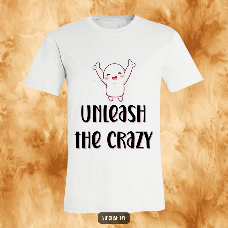 Funny T-Shirt: A cartoon character exuberantly dances with arms raised high, radiating infectious joy and playful energy.