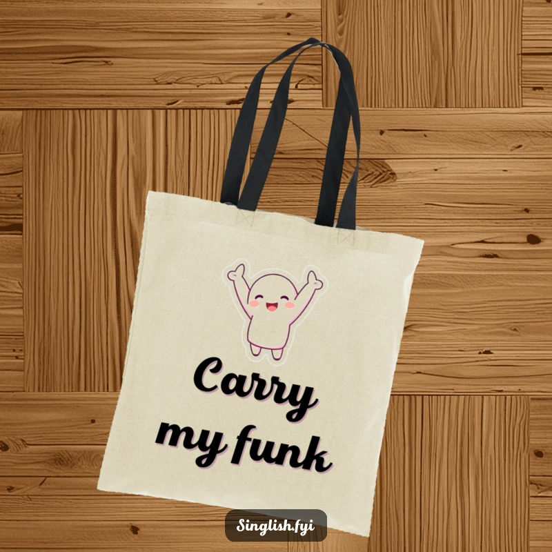 Funny Tote Bag: A happy character performs a silly dance move, arms enthusiastically raised, perfect for carrying books or groceries.