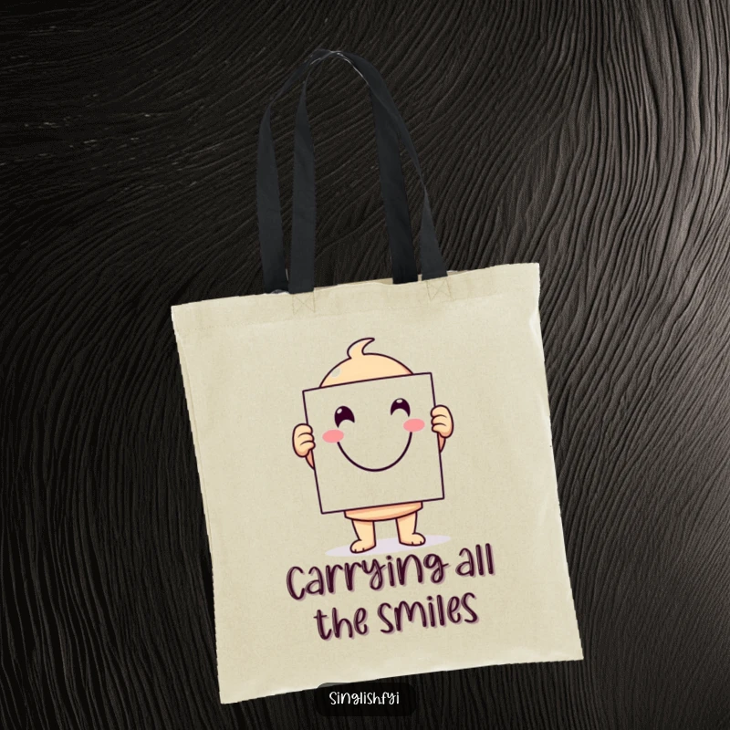 Funny character tote bag displaying a huge, inviting smiley face sign, perfect for carrying essentials with a humorous twist.