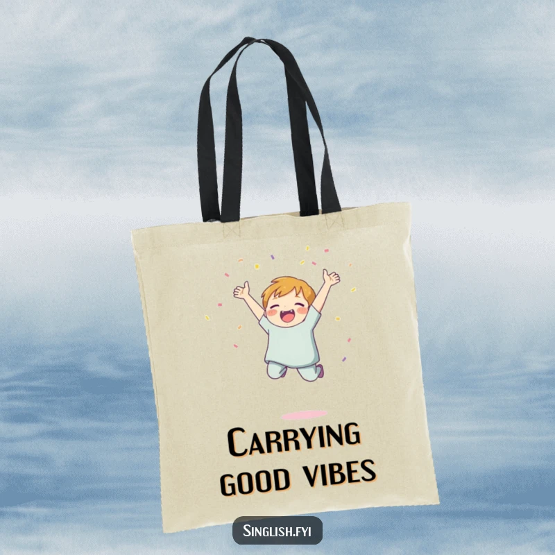 Funny Confetti Jump Tote Bag showing a character jumping with joy and tossing confetti, a humorous and festive accessory for everyday use.