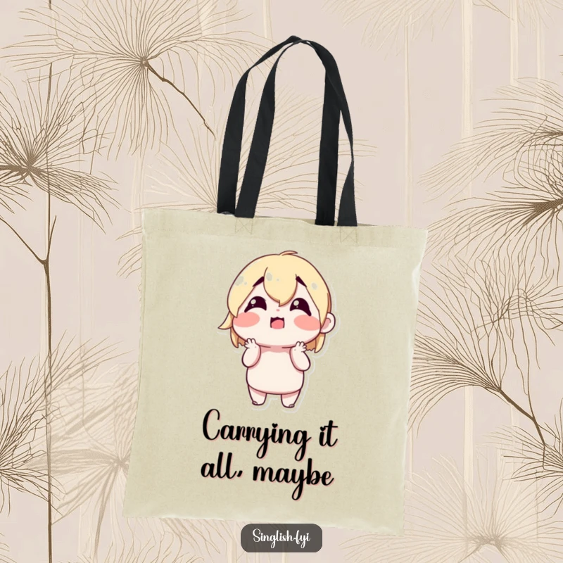 Funny Shrugging Character Tote Bag depicting a cute character shrugging with a confused but happy expression, a cheerful and practical accessory.