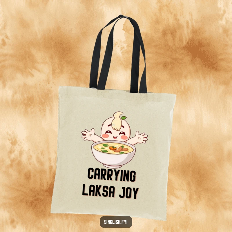 Funny tote bag with a happy character embracing a bowl of laksa, perfect for carrying essentials and good vibes.